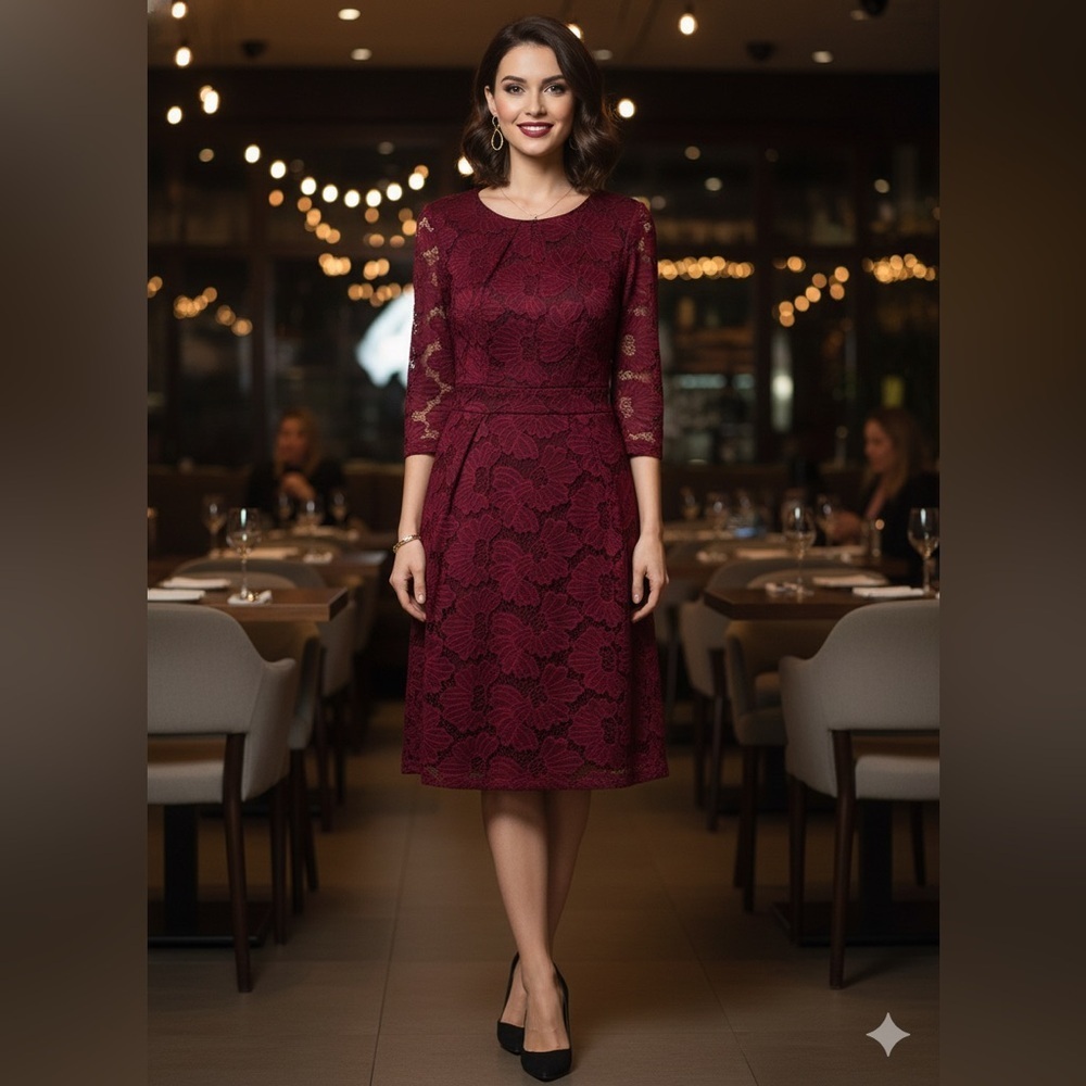 Suzy Shier Burgundy Lace Sheath Dress Medium